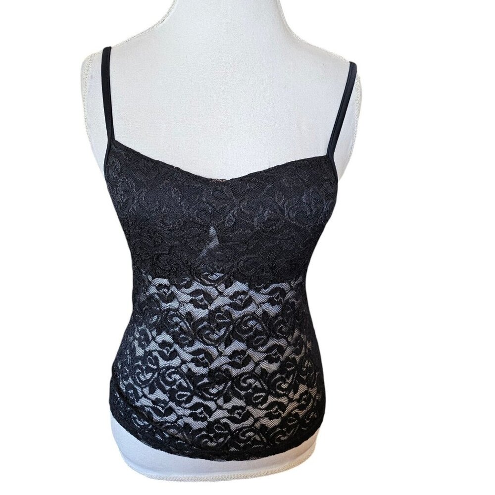 Y2K Womens 36C Black Lace Cami Tank Top Underwire Sheer Sexy Goth